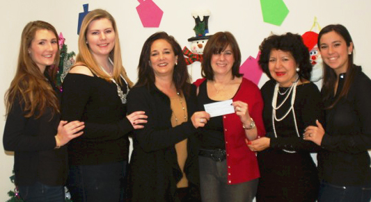 LAX for ME & the GALS event coordinators present Maurer Foundation Executive Director Debbie Hecht with $5000 donation. (FROM LEFT TO RIGHT: Samantha Vallarella, Hope Lefko, Gina Coletti, Debbie Hecht, Val Manzo, Emily De Marinis.)